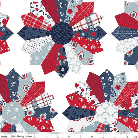 2 Yard 35" End of Bolt - American Beauty Dresden WIDE BACK WB14452 White - Riley Blake - 107/108" Wide Patriotic - Quilting Cotton Fabric