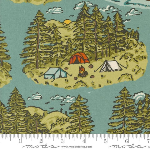 The Great Outdoors Vintage Camping 20880 Sky - Moda Fabrics - Trees Tents Camps - Quilting Cotton Fabric