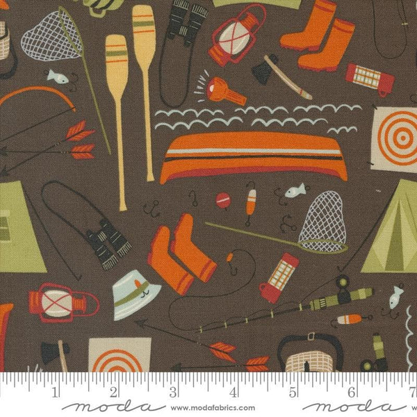 SALE The Great Outdoors Camping Gear 20882 Bark - Moda Fabrics - Fishing Camping Equipment Tents Lanterns Arrows - Quilting Cotton Fabric