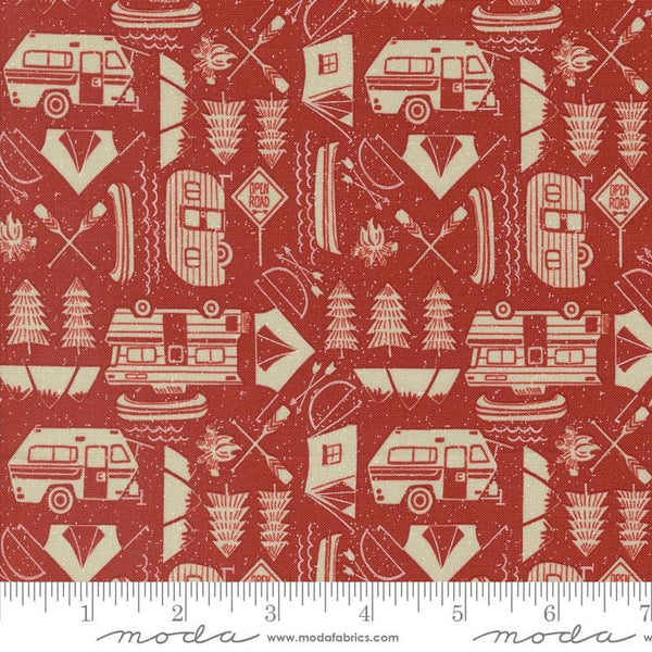 SALE The Great Outdoors Open Road 20884 Fire - Moda Fabrics - Tents Trailers Trees Boats Oars Fires Bows Arrows - Quilting Cotton Fabric