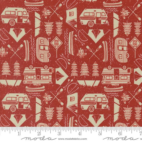 The Great Outdoors Open Road 20884 Fire - Moda Fabrics - Tents Trailers Trees Boats Oars Fires Bows Arrows - Quilting Cotton Fabric