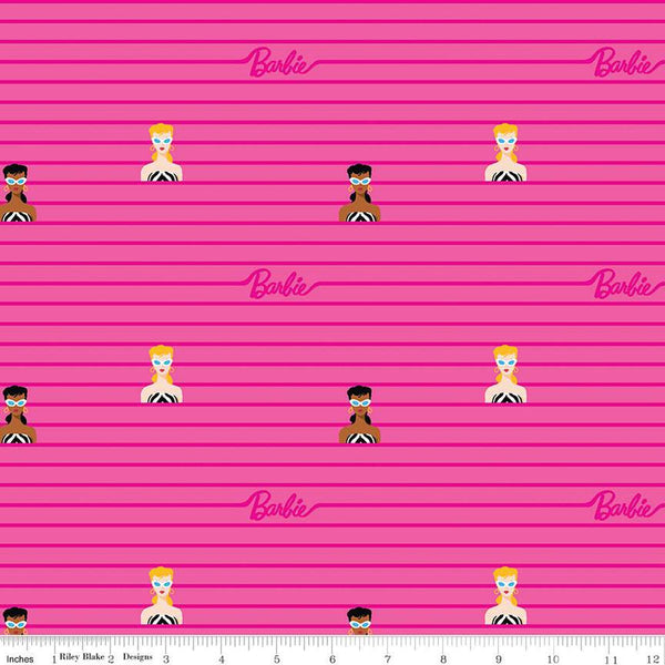 SALE Barbie World Barbie Stripe C15022 Hot Pink - Official Licensed Product - Doll Logo Icons Stripes Striped - Quilting Cotton Fabric