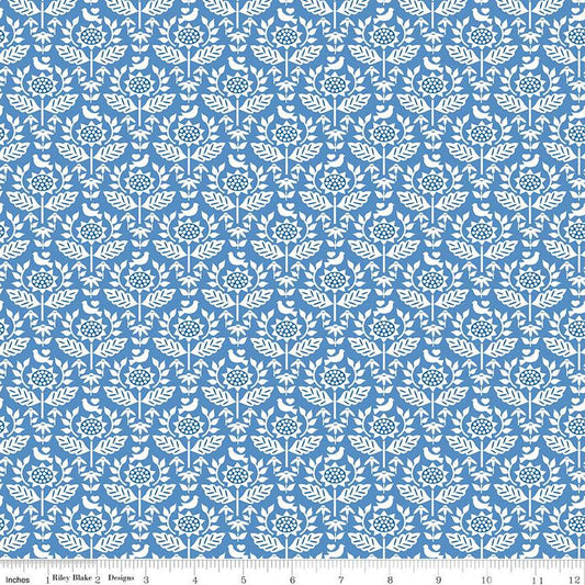 SALE Sunny Skies Style C14633 Blue - Riley Blake Designs - Floral Flowers White Sunflowers Damask - Quilting Cotton Fabric