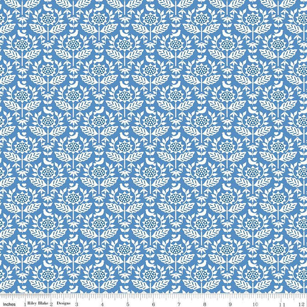 SALE Sunny Skies Style C14633 Blue - Riley Blake Designs - Floral Flowers White Sunflowers Damask - Quilting Cotton Fabric