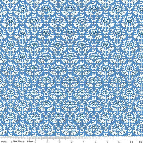 SALE Sunny Skies Style C14633 Blue - Riley Blake Designs - Floral Flowers White Sunflowers Damask - Quilting Cotton Fabric