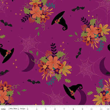 Little Witch Main Magenta Purple Halloween Fabric - C14560 Riley Blake Quilting Cotton Fabric