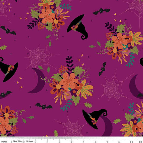 SALE Little Witch Main C14560 Magenta - Riley Blake Designs - Flowers Witch Hats Bats Spiderwebs Moons- Quilting Cotton Fabric