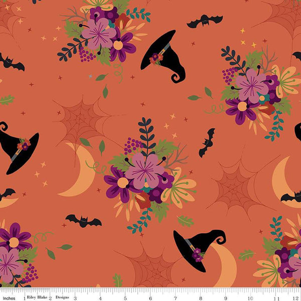 Little Witch Main C14560 Pumpkin - Riley Blake Designs - Flowers Witch Hats Bats Spiderwebs Moons - Quilting Cotton Fabric