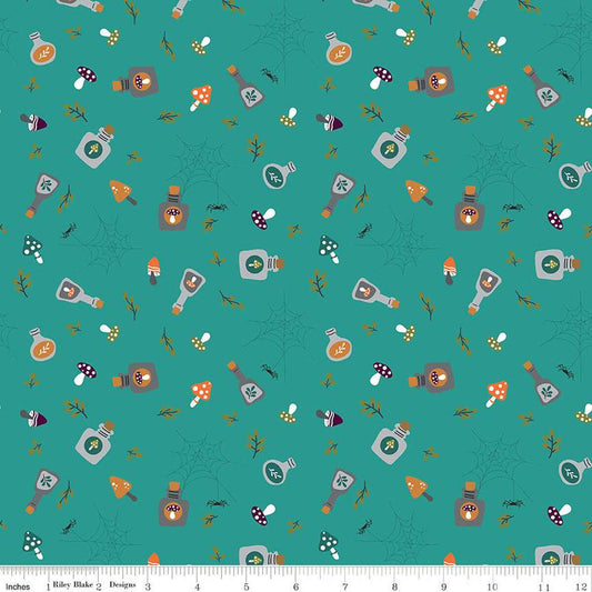 Little Witch Potions C14562 Light Teal - Riley Blake Designs - Bottles Leaves Spiders Spiderwebs Mushrooms - Quilting Cotton Fabric