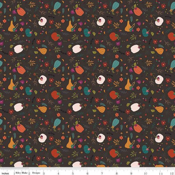 Little Witch Pumpkin Patch C14563 Espresso - Riley Blake Designs - Pumpkins Leaves Flowers - Quilting Cotton Fabric