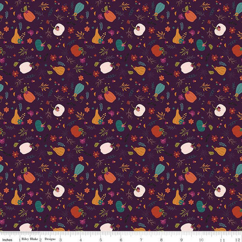 SALE Little Witch Pumpkin Patch C14563 Purple - Riley Blake Designs - Pumpkins Leaves Flowers - Quilting Cotton Fabric