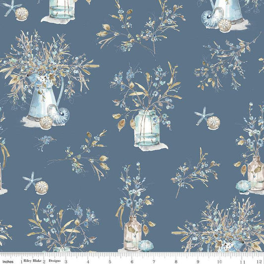 13" End of Bolt - Blue Escape Coastal Main C14510 Colonial by Riley Blake Designs - Floral Flowers Jars Pitchers Seashells - Quilting Cotton