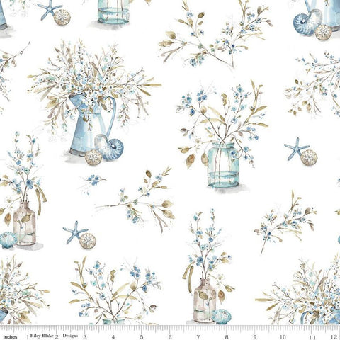 Fat Quarter End of Bolt - Blue Escape Coastal Main C14510 Off White by Riley Blake - Floral Jars Pitchers Seashells - Quilting Cotton Fabric