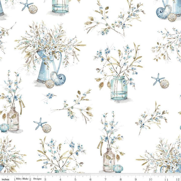 Blue Escape Coastal Main C14510 Off White by Riley Blake Designs - Floral Flowers Jars Pitchers Seashells - Quilting Cotton Fabric