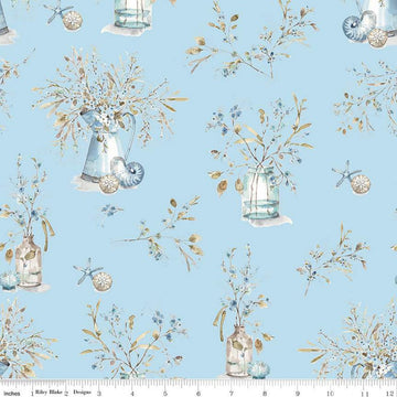 SALE Blue Escape Coastal Main C14510 Sky - Riley Blake Designs - Floral Flowers Jars Pitchers Seashells - Quilting Cotton Fabric