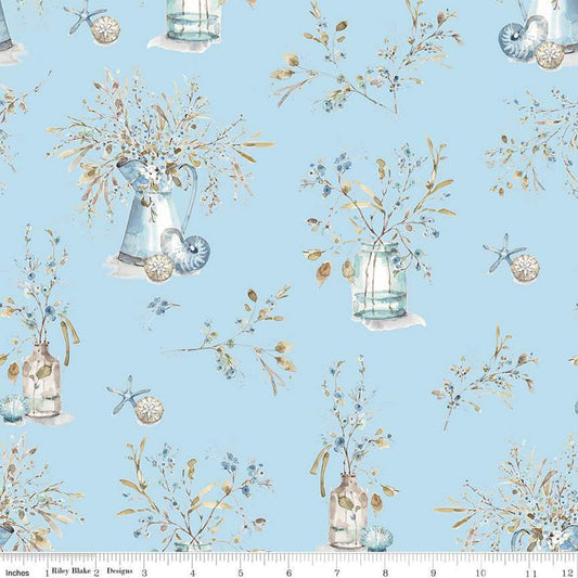 SALE Blue Escape Coastal Main C14510 Sky - Riley Blake Designs - Floral Flowers Jars Pitchers Seashells - Quilting Cotton Fabric