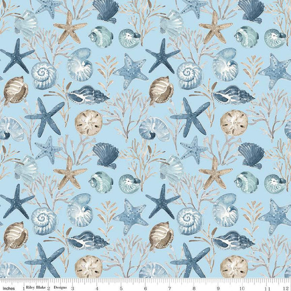 18" End of Bolt - Blue Escape Coastal Ocean Floor C14511 Sky by Riley Blake Designs - Sea Stars Seashells Ocean - Quilting Cotton Fabric