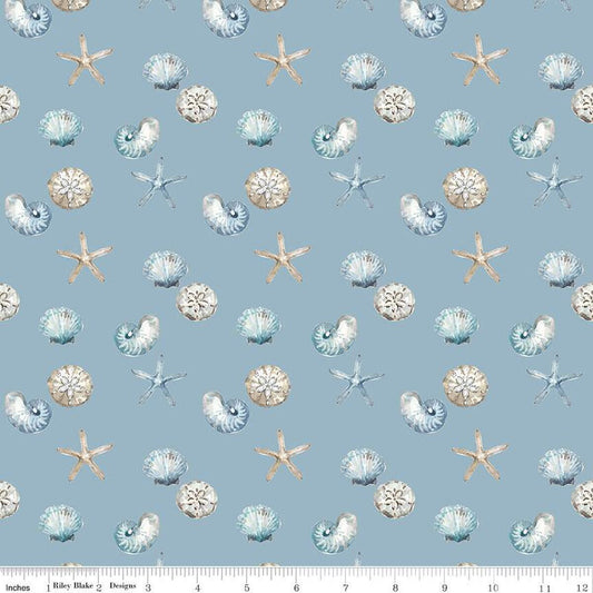 10" End of Bolt - Blue Escape Coastal Shell Toss C14513 Blue - Riley Blake Designs - Sea Stars Seashells Shells - Quilting Cotton Fabric