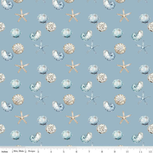 14" End of Bolt - Blue Escape Coastal Shell Toss C14513 Blue - Riley Blake Designs - Sea Stars Seashells Shells - Quilting Cotton Fabric