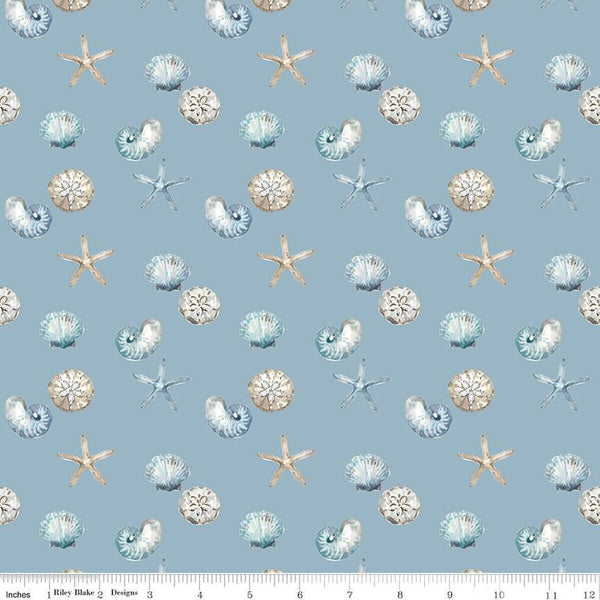 Blue Escape Coastal Shell Toss C14513 Blue by Riley Blake Designs - Sea Stars Seashells Shells - Quilting Cotton Fabric