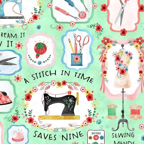 A Stitch in Time Saves Nine CX10218 Mist by Michael Miller - Sewing Machines Equipment Notions Dress Forms  - Quilting Cotton Fabric