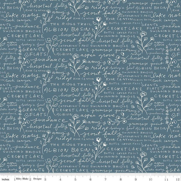 Albion Text C14595 Blue - Riley Blake Designs - Places in Wasatch Mountains Utah Flowers - Quilting Cotton Fabric