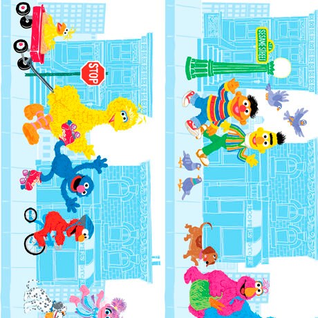 SALE Sesame Street Characters on Sesame Street Blue - by QT Fabrics - Quilting Cotton Fabric