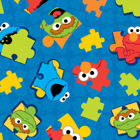 SALE Sesame Street Puzzle Piece 27918 Royal - by QT Fabrics - Quilting Cotton Fabric