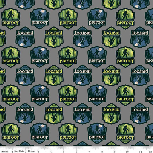 DEAL Legends of the National Parks Bigfoot Shields CD15062 Gray - Riley Blake Designs - DIGITALLY PRINTED - Quilting Cotton Fabric
