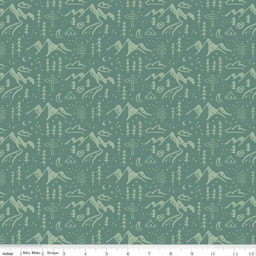 Albion Mountains C14592 Green - Riley Blake Designs - Mountain Tents Trees Trail Signs Moons Stars - Quilting Cotton Fabric