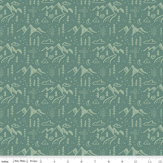 Albion Mountains C14592 Green - Riley Blake Designs - Mountain Tents Trees Trail Signs Moons Stars - Quilting Cotton Fabric