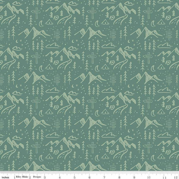 Albion Mountains C14592 Green by Riley Blake Designs - Mountain Tents Trees Trail Signs Moons Stars - Quilting Cotton Fabric