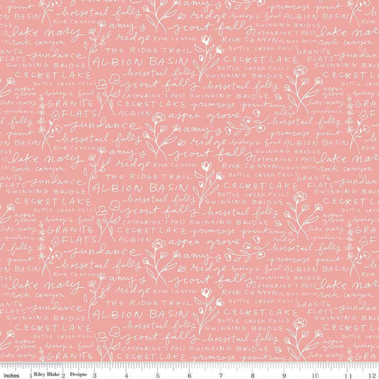 Albion Text C14595 Pink - Riley Blake Designs - Places in Wasatch Mountains Utah Flowers - Quilting Cotton Fabric