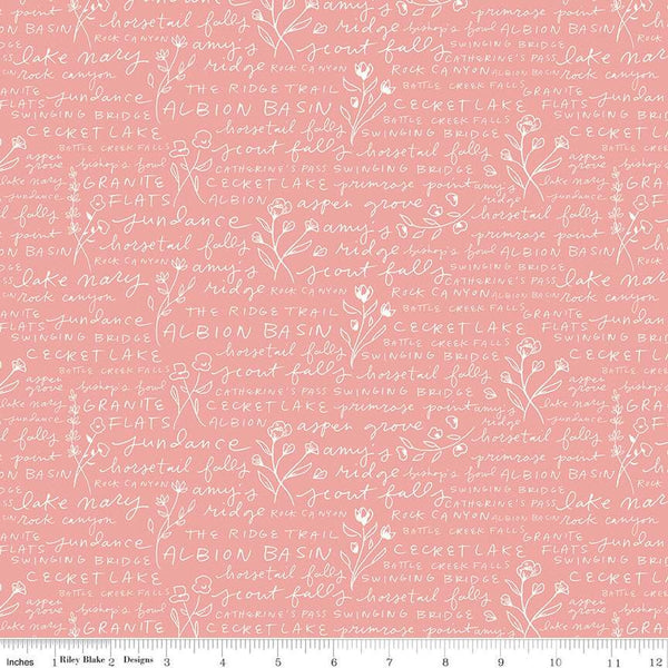 Albion Text C14595 Pink by Riley Blake Designs - Places in Wasatch Mountains Utah Flowers - Quilting Cotton Fabric