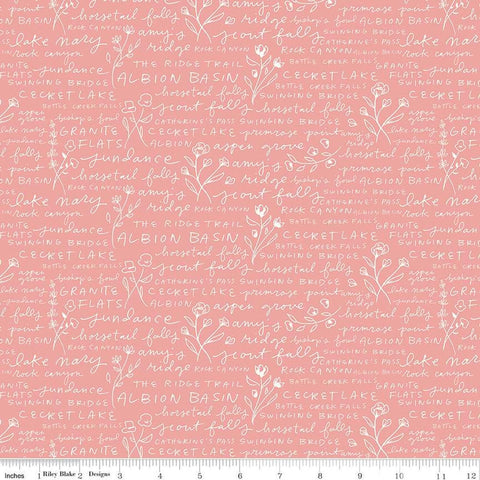 SALE Albion Text C14595 Pink by Riley Blake Designs - Places in Wasatch Mountains Utah Flowers - Quilting Cotton Fabric