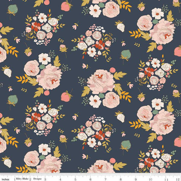 Fat Quarter End of Bolt - BloomBerry Main C14600 Midnight by Riley Blake Designs - Floral Flowers Strawberries - Quilting Cotton Fabric