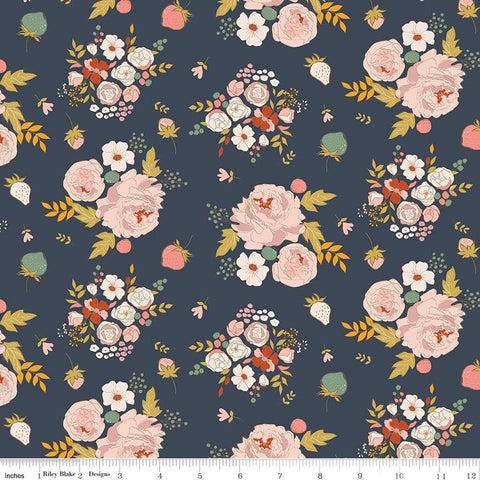 Fat Quarter End of Bolt - BloomBerry Main C14600 Midnight by Riley Blake Designs - Floral Flowers Strawberries - Quilting Cotton Fabric