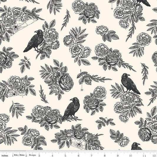 Sophisticated Halloween Main C14620 Cream - Riley Blake Designs - Birds Ravens Floral Flowers - Quilting Cotton Fabric