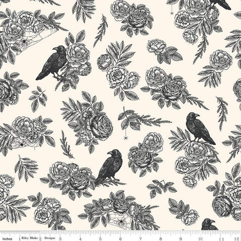 SALE Sophisticated Halloween Main C14620 Cream - Riley Blake Designs - Birds Ravens Floral Flowers - Quilting Cotton Fabric