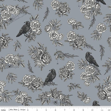 Sophisticated Halloween Main C14620 Fog - Riley Blake Designs - Birds Ravens Floral Flowers - Quilting Cotton Fabric