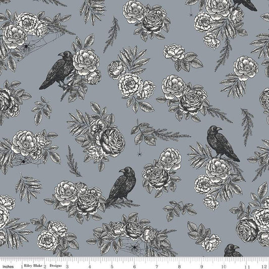 Sophisticated Halloween Main C14620 Fog - Riley Blake Designs - Birds Ravens Floral Flowers - Quilting Cotton Fabric