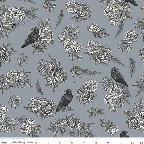 SALE Sophisticated Halloween Main C14620 Fog - Riley Blake Designs - Birds Ravens Floral Flowers - Quilting Cotton Fabric