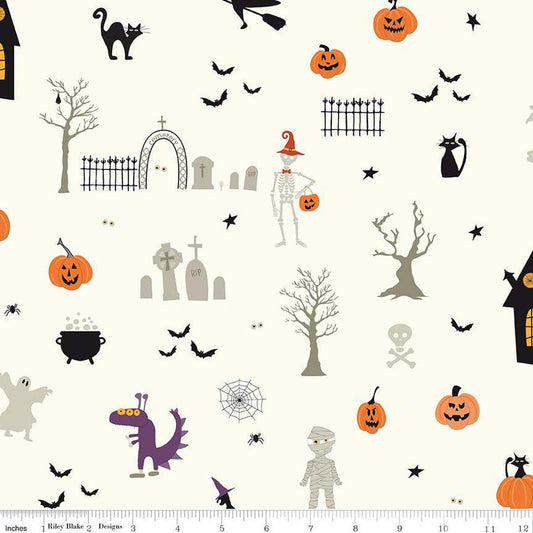 DEAL Beggar's Night Main C14500 Cream - Riley Blake Designs - Halloween Skeletons Mummies Ghosts Pumpkins Cats Bats - Quilting Cotton Fabric