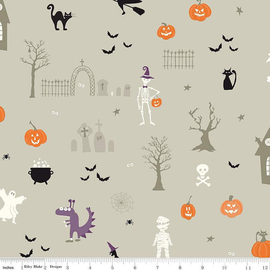 DEAL Beggar's Night Main C14500 Gray - Riley Blake Designs - Halloween Skeletons Mummies Ghosts Pumpkins Cats Bats - Quilting Cotton Fabric