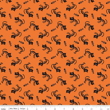 Beggar's Night Cats C14501 Orange - Riley Blake Designs - Halloween Cat Fish Skeletons - Quilting Cotton Fabric