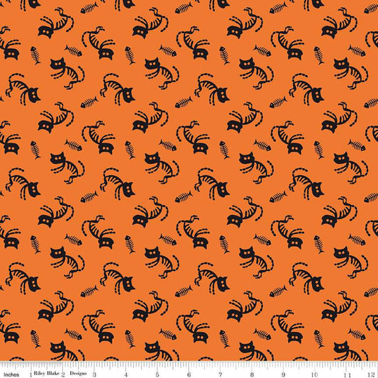 Beggar's Night Cats C14501 Orange - Riley Blake Designs - Halloween Cat Fish Skeletons - Quilting Cotton Fabric