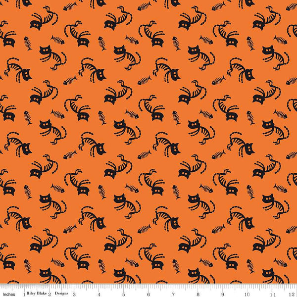 SALE Beggar's Night Cats C14501 Orange - Riley Blake Designs - Halloween Cat Fish Skeletons - Quilting Cotton Fabric