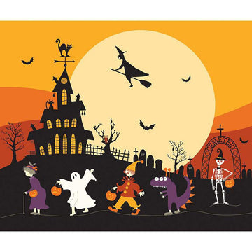 CLEARANCE Beggar's Night Trick-or-Treat Panel P14509 - Riley Blake - Haunted House Ghost Witch Skeleton Bats Cat - Quilting Cotton Fabric