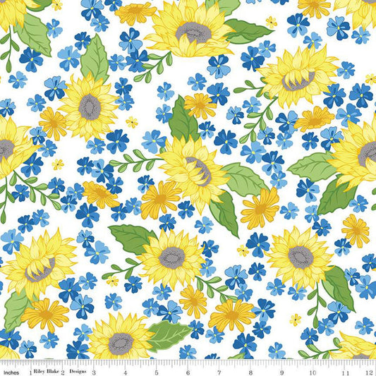 SALE Sunny Skies Main C14630 White - Riley Blake Designs - Floral Flowers Sunflowers - Quilting Cotton Fabric
