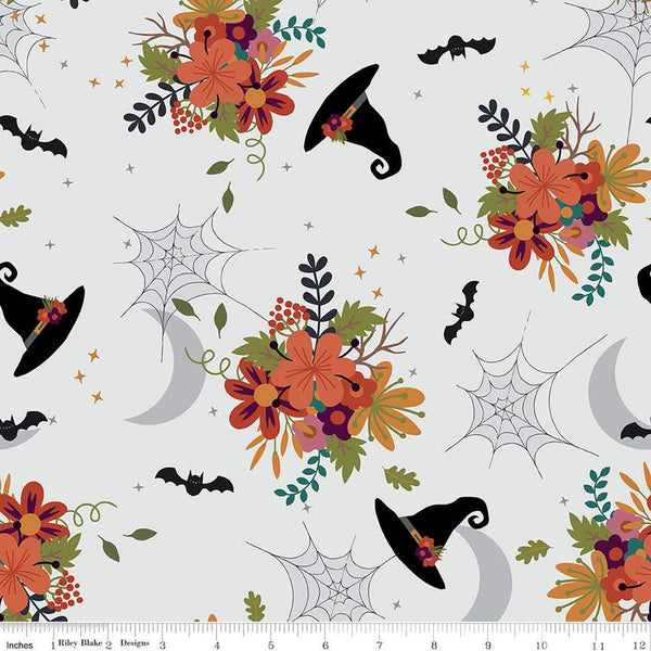 Little Witch Main C14560 Smoke - Riley Blake Designs - Flowers Witch Hats Bats Spiderwebs Moons - Quilting Cotton Fabric